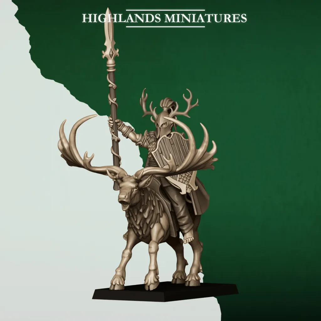 Highlands Miniatures - Elfes des bois - Seigneur sur Cerf (28mm, Socle carré).webp