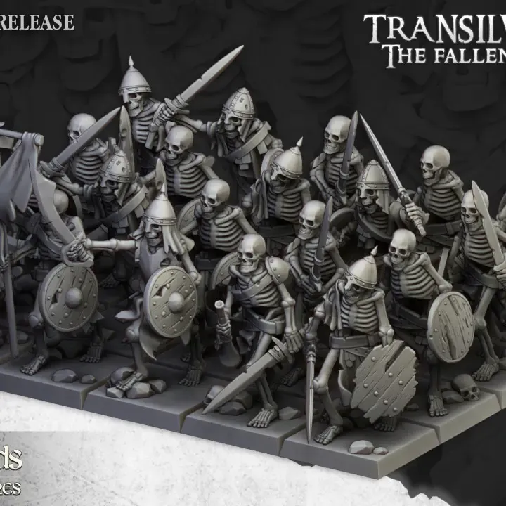 Highlands Miniatures - Guerriers squelettes avec épées (Socle carré, 28mm, Avec Etat major complet (.webp