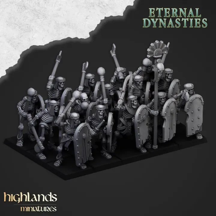 Highlands Miniatures - Squelettes anciens avec armes de base (Socle carré, 28mm, Avec Etat major com.webp