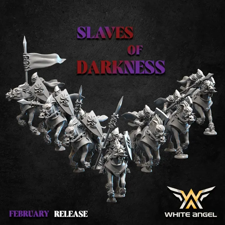 White angel - Dark elves - Cavaliers (Socle carré, 28mm, Avec Etat major complet (EMC), Par 10).webp