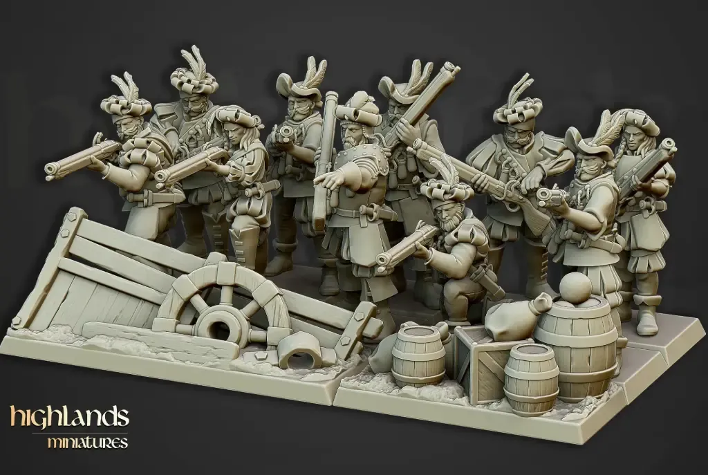 Highlands Miniatures - Arquebusiers (Socle carré, 28mm, Avec Etat major complet (EMC), Par 10).webp