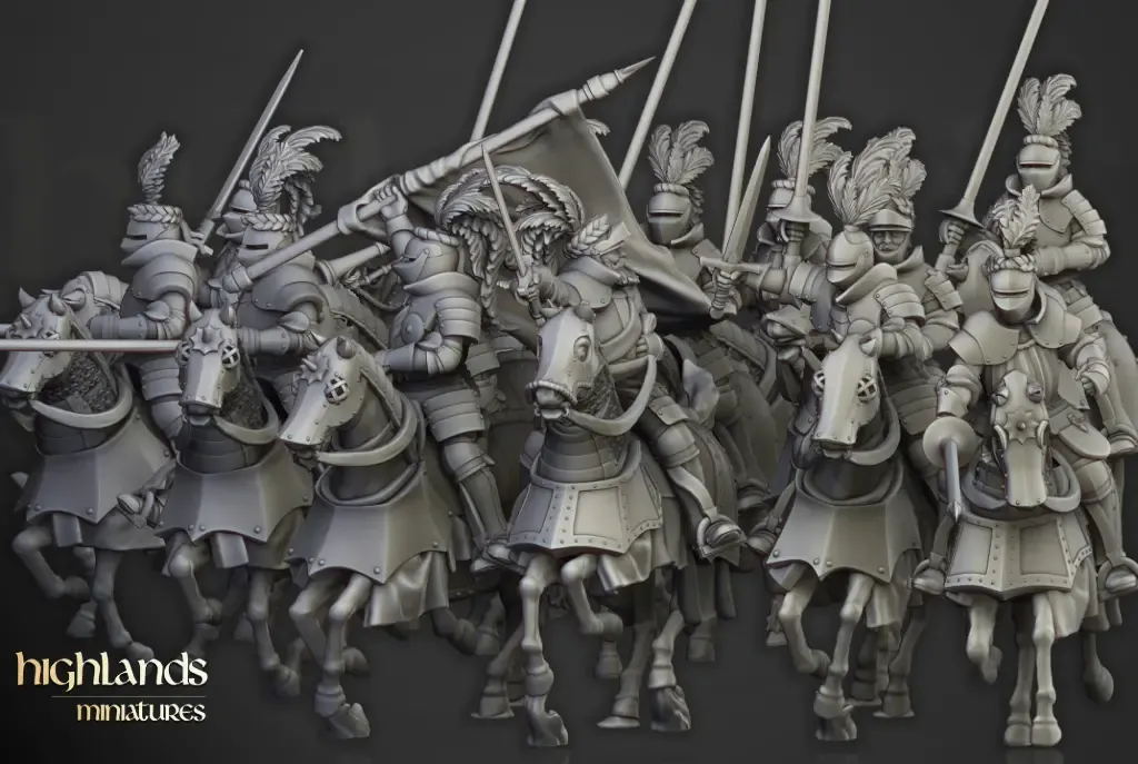 Highlands Miniatures - Chevaliers à cheval  (Socle carré, 28mm, Avec Etat major complet (EMC), Par 1.webp