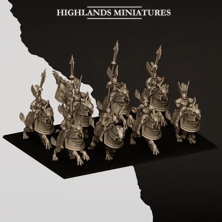 Highlands Miniatures - Chevaliers sur demi-Griffons V2 (Socle carré, 28mm, Par 3).webp