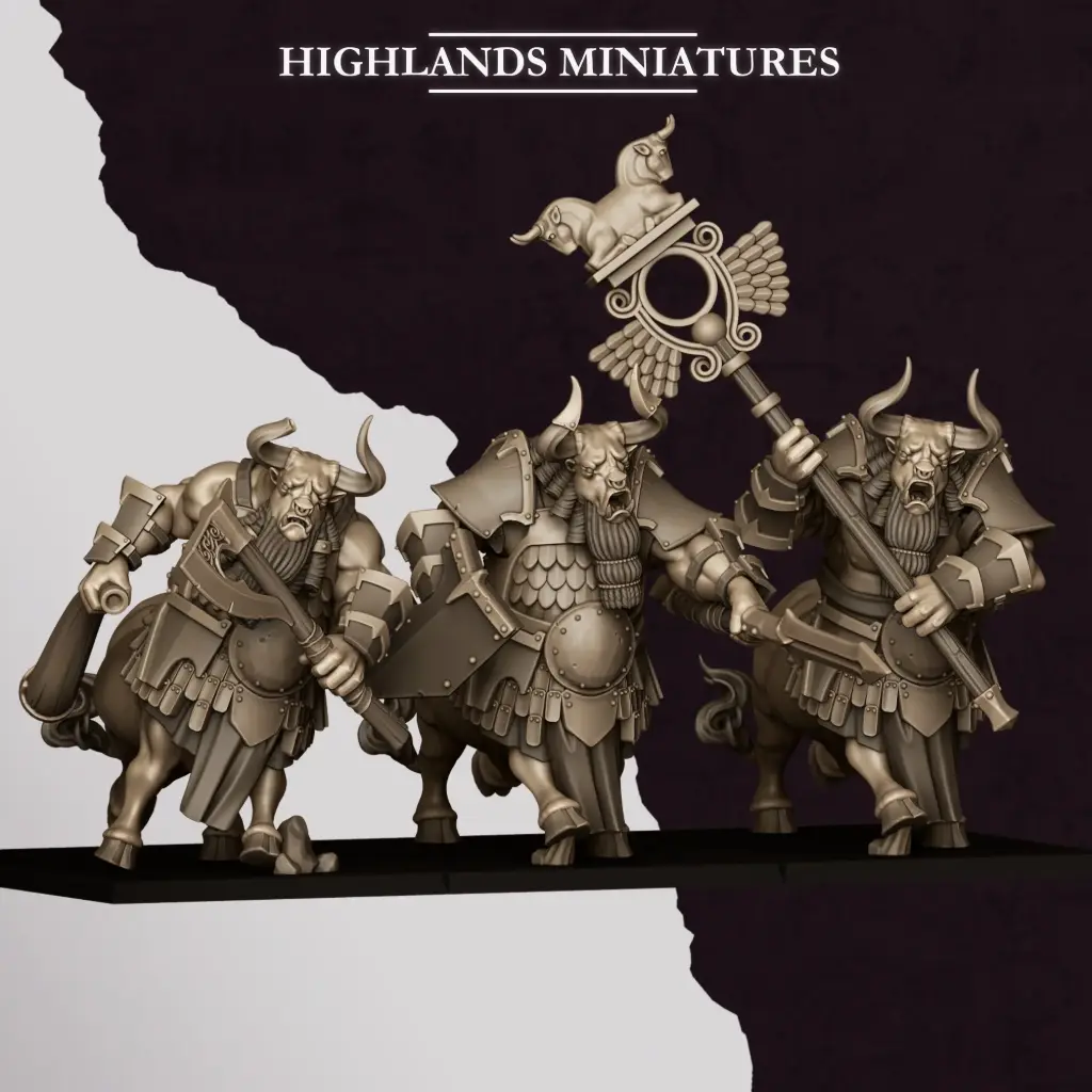 Highlands Miniatures - Nains corrompus - Unité de minotaure commandement (28mm, Socle carré)
