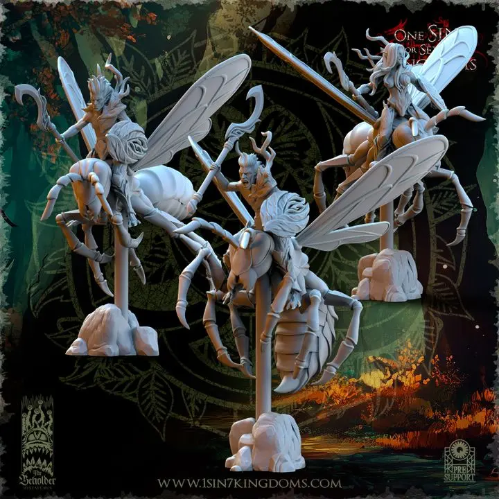 The Beholder miniatures- Elfes des bois - Cavaliers esprit de la forêt X3 (Socle carré, 28mm)