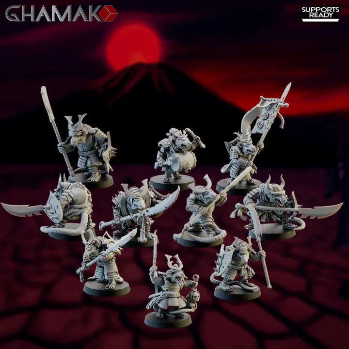 Ghamak - Fantasy - Homme rats - Ronin Warriors (28mm, Par 10, Avec Etat major complet (EMC), Socle carré)