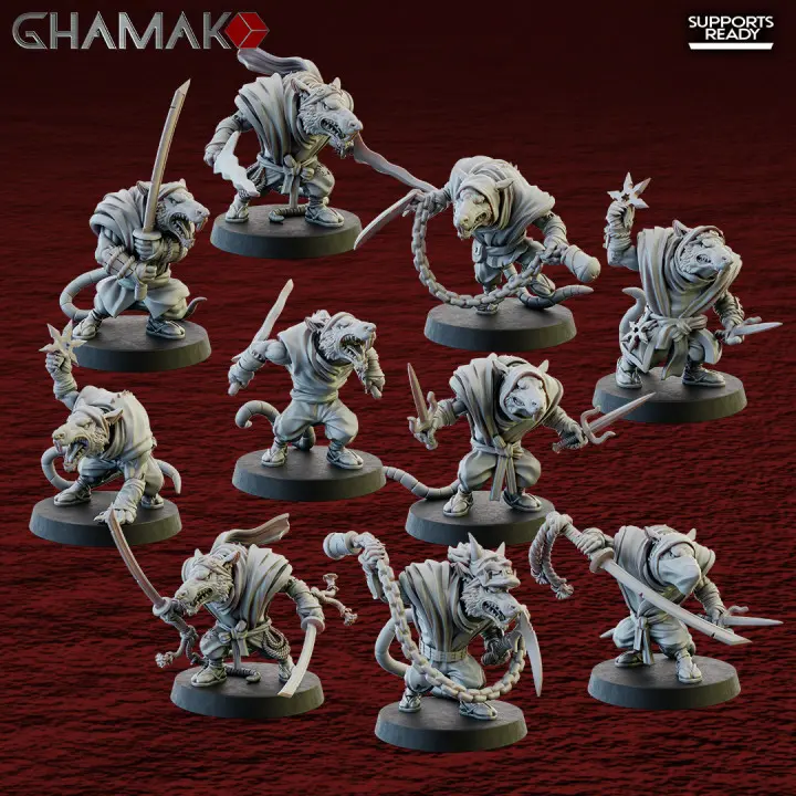 Ghamak - Fantasy - Homme rats - Ninja Rats (28mm, Par 10, Avec Etat major complet (EMC), Socle carré)