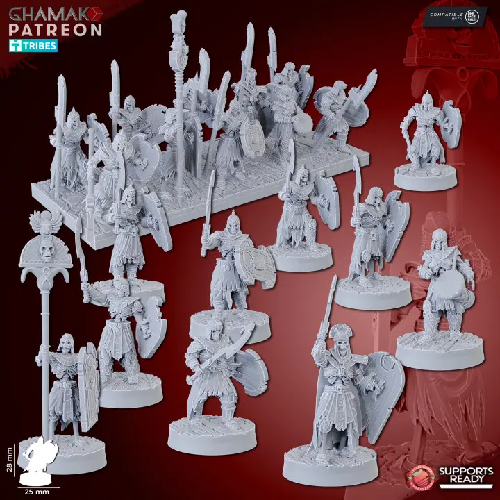 Ghamak - Fantasy - Rois des sables - Squelettes gardiens des pyramides (Socle carré, 28mm, Par 10, Avec Etat major complet (EMC))