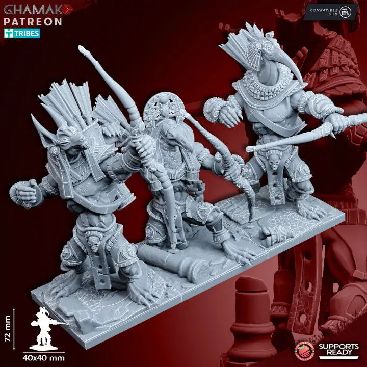 Ghamak - Fantasy - Rois des sables - Gardiens Nomarch avec arcs (Socle carré, 28mm, Par 3)