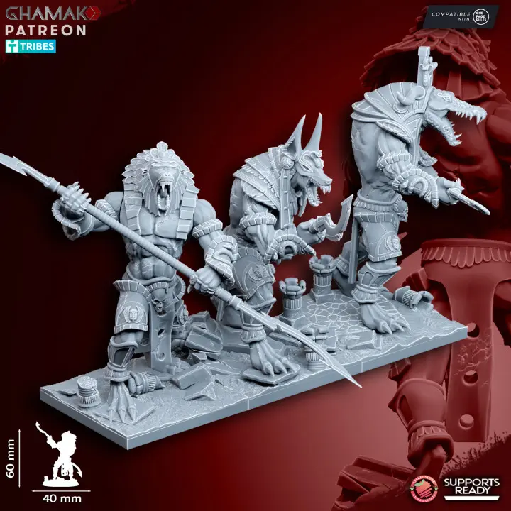Ghamak - Fantasy - Rois des sables - Gardiens Nomarch avec Armes lourdes (Socle carré, 28mm, Par 3)