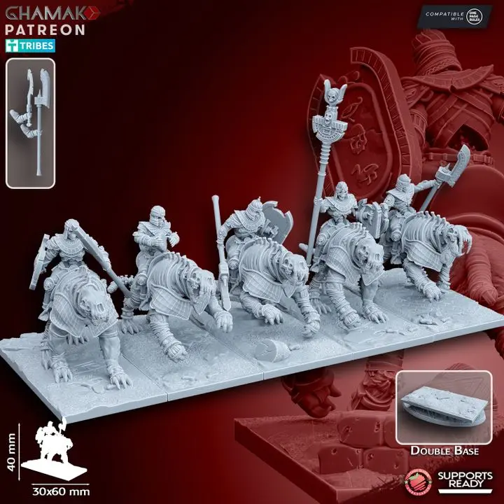 Ghamak - Fantasy - Rois des sables - Cavaliers sur dents de sabre (Socle carré, 28mm, Avec Etat major complet (EMC), Par 10)