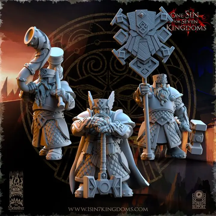 The Beholder miniatures- Nains - Etat major complet guerriers marteaux