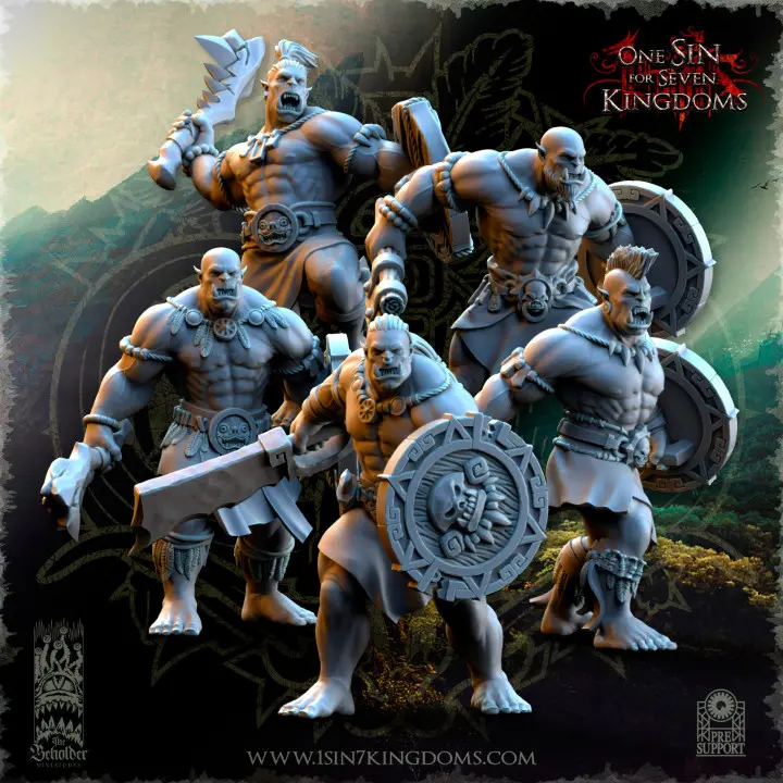 The Beholder miniatures- Orc - Guerriers Armes de bases boucliers