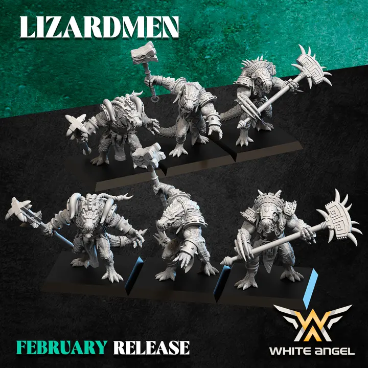 White angel - Hommes lezards -  Crocogator armes lourdes (Socle carré, 28mm, Par 3)