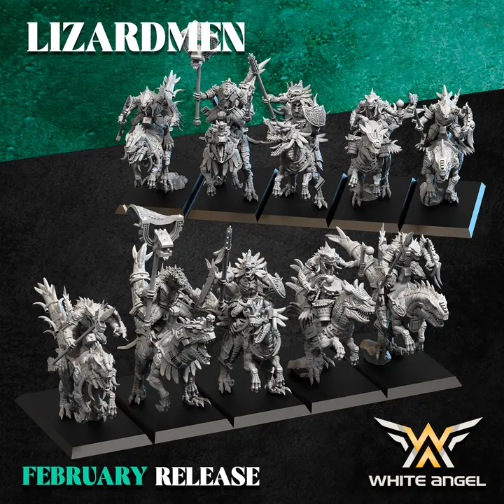 White angel - Hommes lezards -  Cavaliers armes de base (Socle carré, 28mm, Par 3)