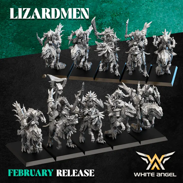 White angel - Hommes lezards -  Cavaliers lances (Socle carré, 28mm, Par 10)