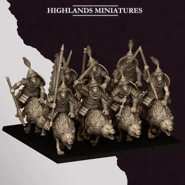 Highlands Miniatures - Nains corrompus - Cavaliers Hobgobelins Lances (28mm, Socle carré, Avec Etat major complet (EMC), Par 10)