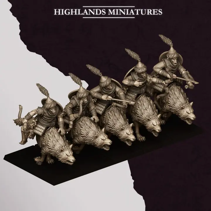 Highlands Miniatures - Nains corrompus - Cavaliers Hobgobelins Archers (28mm, Socle carré, Avec Etat major complet (EMC), Par 10)