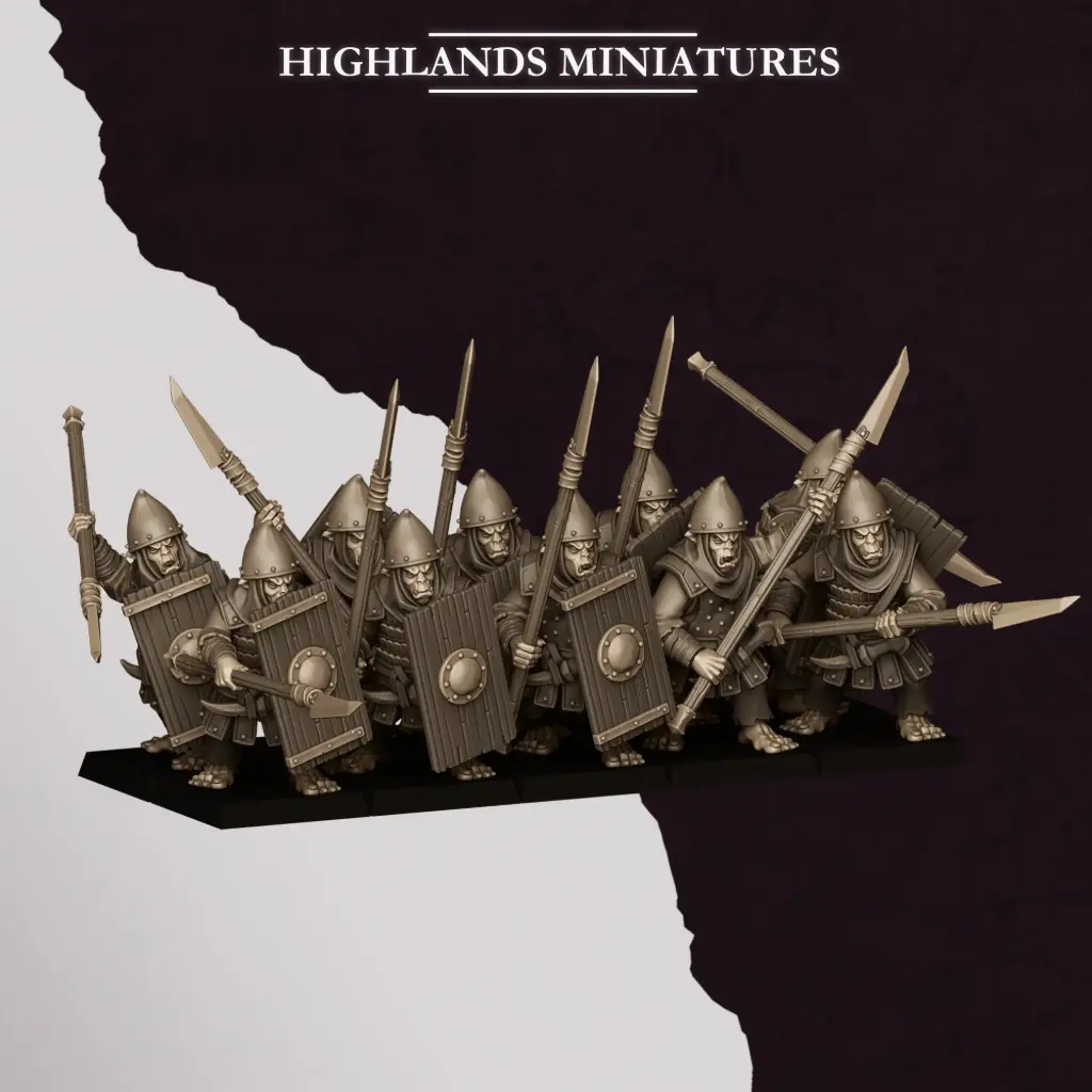 Highlands Miniatures - Nains corrompus - Hobgobelins lances boucliers (28mm, Socle carré, Avec Etat major complet (EMC), Par 10)