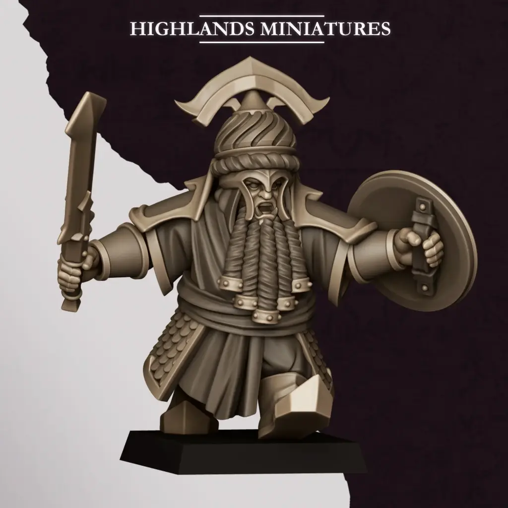 Highlands Miniatures - Nains corrompus - Commandant arme de base bouclier (28mm, Socle carré)