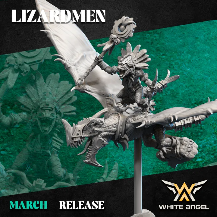 White angel - Hommes lezards - Shaman sur pterodactyle (Socle carré, 28mm)