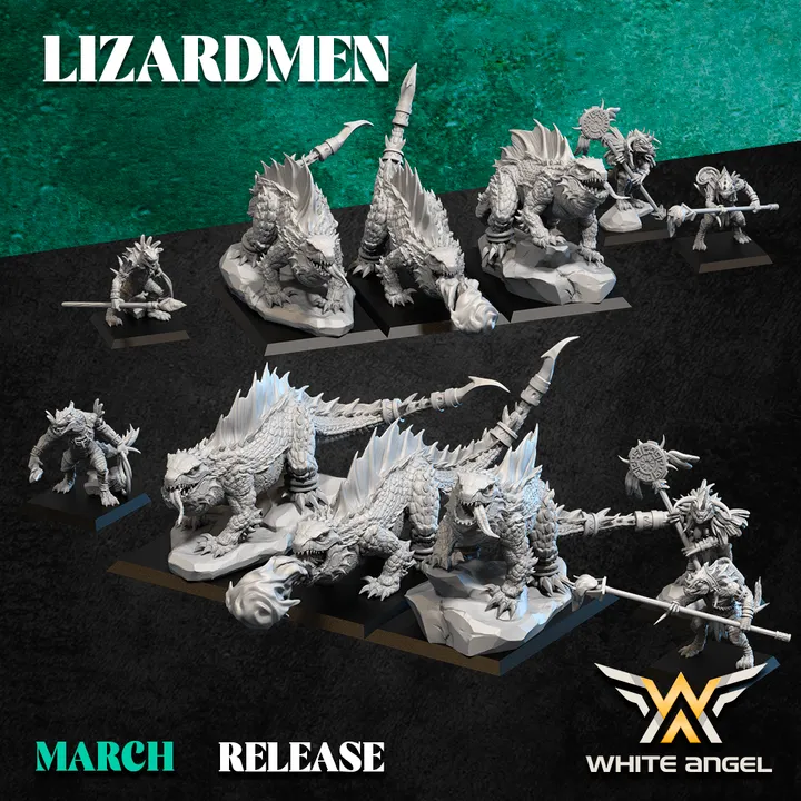 White angel - Hommes lezards - Lezard de feu (X3) avec servants (X3) (Socle carré, 28mm)