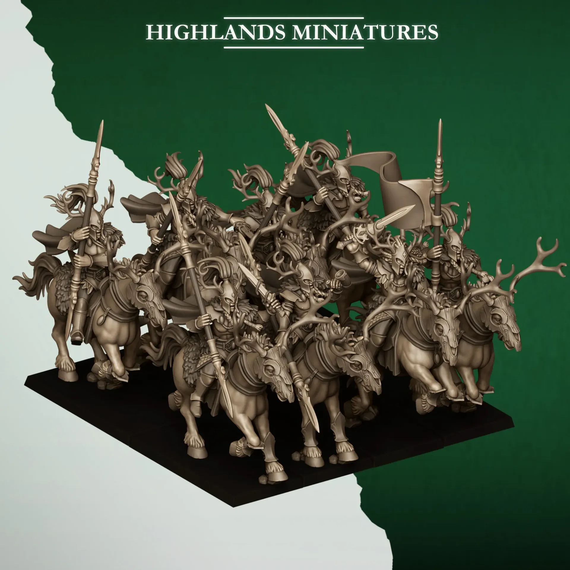 Highlands Miniatures - Elfes des bois - Chevaucheurs de la forêt (28mm, Par 10, Avec Etat major complet (EMC), Socle carré)