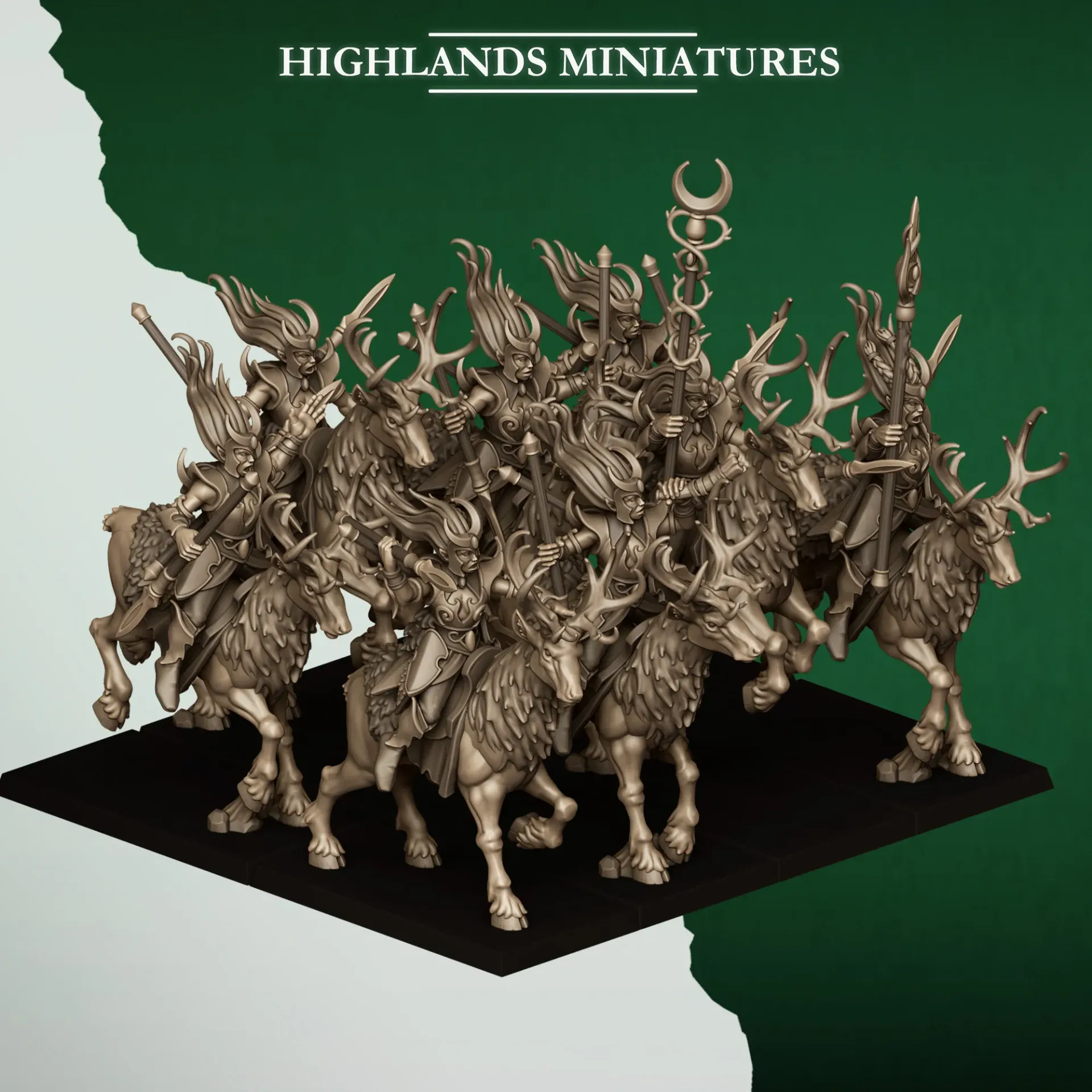 Highlands Miniatures - Elfes des bois - Chevaucheurs de pleine lune (28mm, Par 10, Avec Etat major complet (EMC), Socle carré)