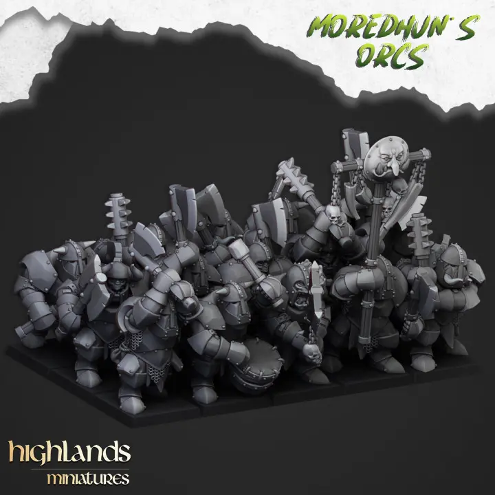 Highlands Miniatures - Orcs noirs (28mm, Socle carré, Avec Etat major complet (EMC), Par 10)