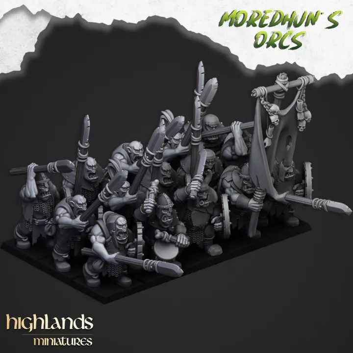 Highlands Miniatures - Guerriers orcs avec lances (28mm, Par 10, Avec Etat major complet (EMC), Socle carré)