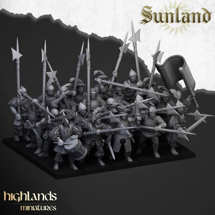 Highlands Miniatures - Troupes impériales avec hallebardes (Socle carré, 28mm, Avec Etat major complet (EMC), Par 10)