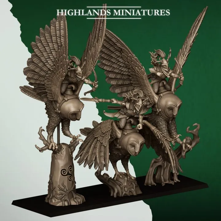 Highlands Miniatures - Elfes des bois - Chevaucheurs de grands hiboux (X3) (28mm, Socle carré)