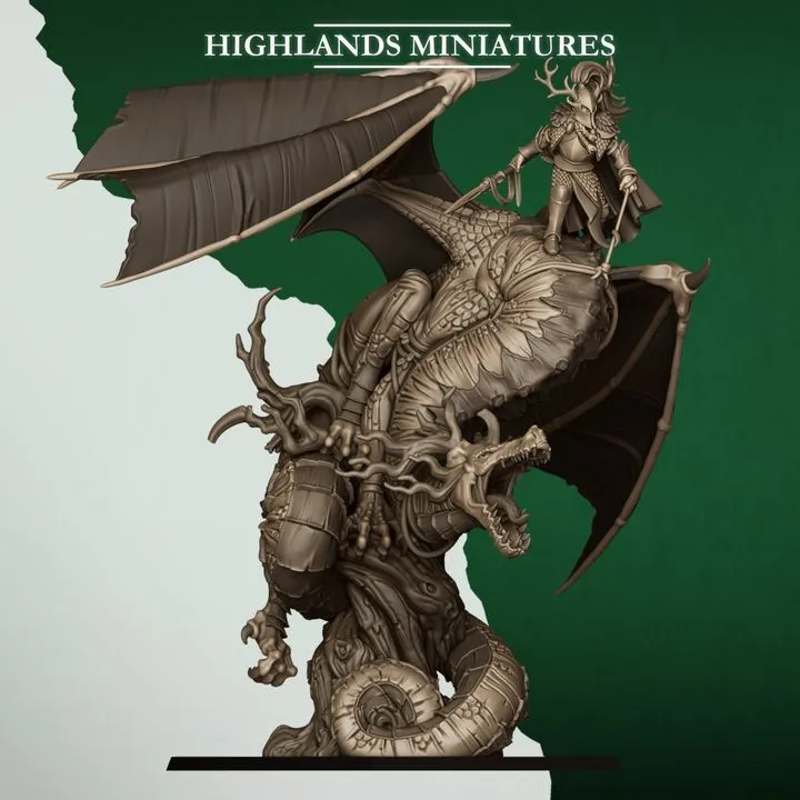 Highlands Miniatures - Elfes des bois - Seigneur sur dragon des forêts (28mm, Socle carré)
