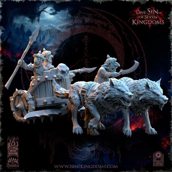 The Beholder miniatures- Gobelins - Chariot à loups gobelin avec lances (Socle carré, 28mm)
