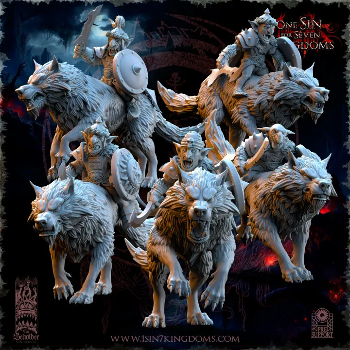 The Beholder miniatures- Gobelins - Gobelins sur loups avec armes de base boucliers
