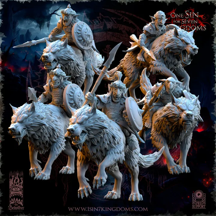 The Beholder miniatures- Gobelins - Gobelins sur loups avec lances et boucliers (Socle carré, 28mm, Par 10)