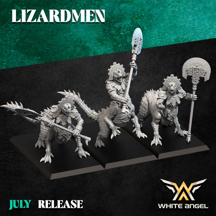 White angel - Hommes lezards - Centaures-lézards avec armes Lourdes (X3) (Socle carré, 28mm)