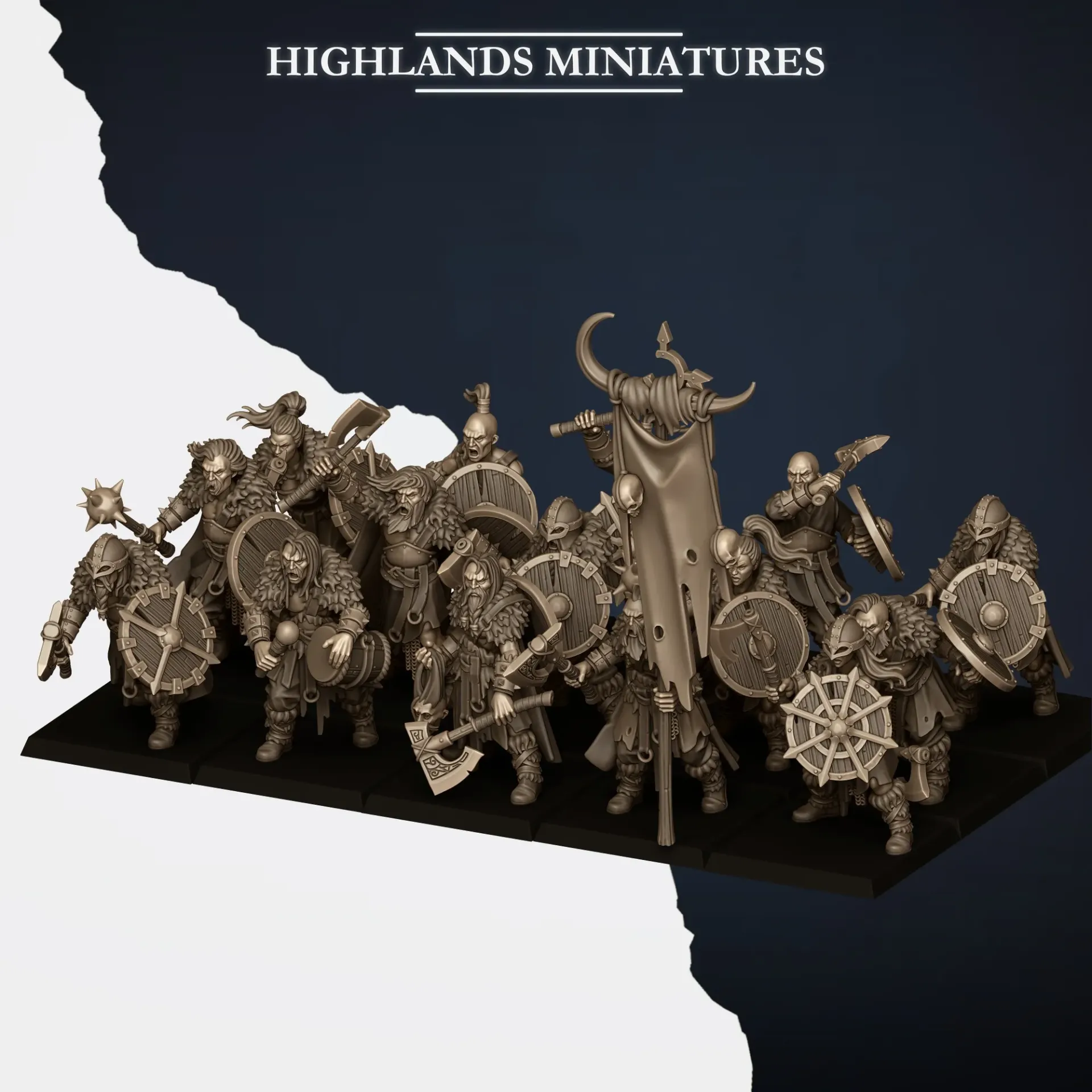 Highlands Miniatures - Nords - Raiders Armes de base et boucliers (Socle carré, 28mm, Avec Etat major complet (EMC), Par 10)