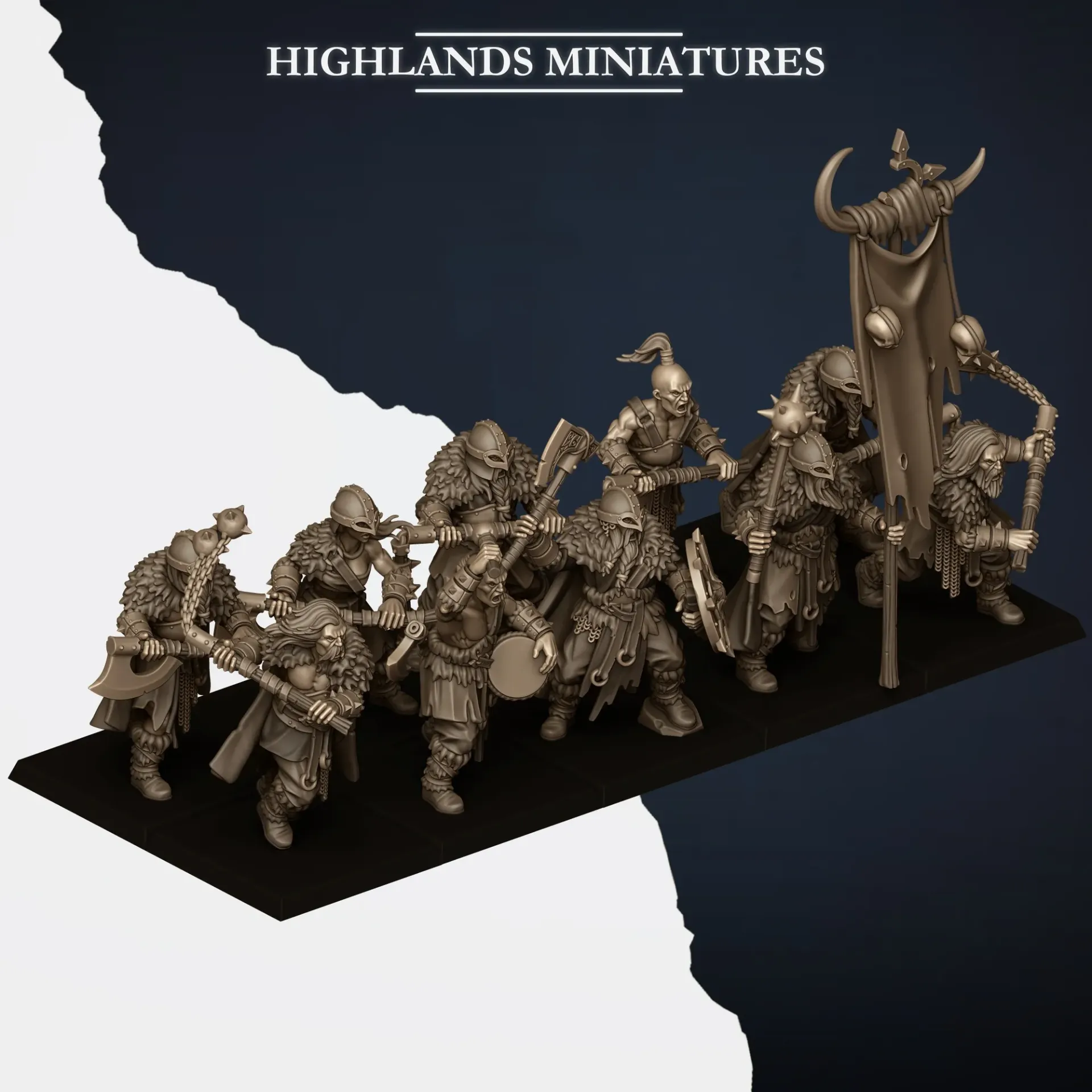 Highlands Miniatures - Nords - Raiders Armes lourdes (Socle carré, 28mm, Avec Etat major complet (EMC), Par 10)