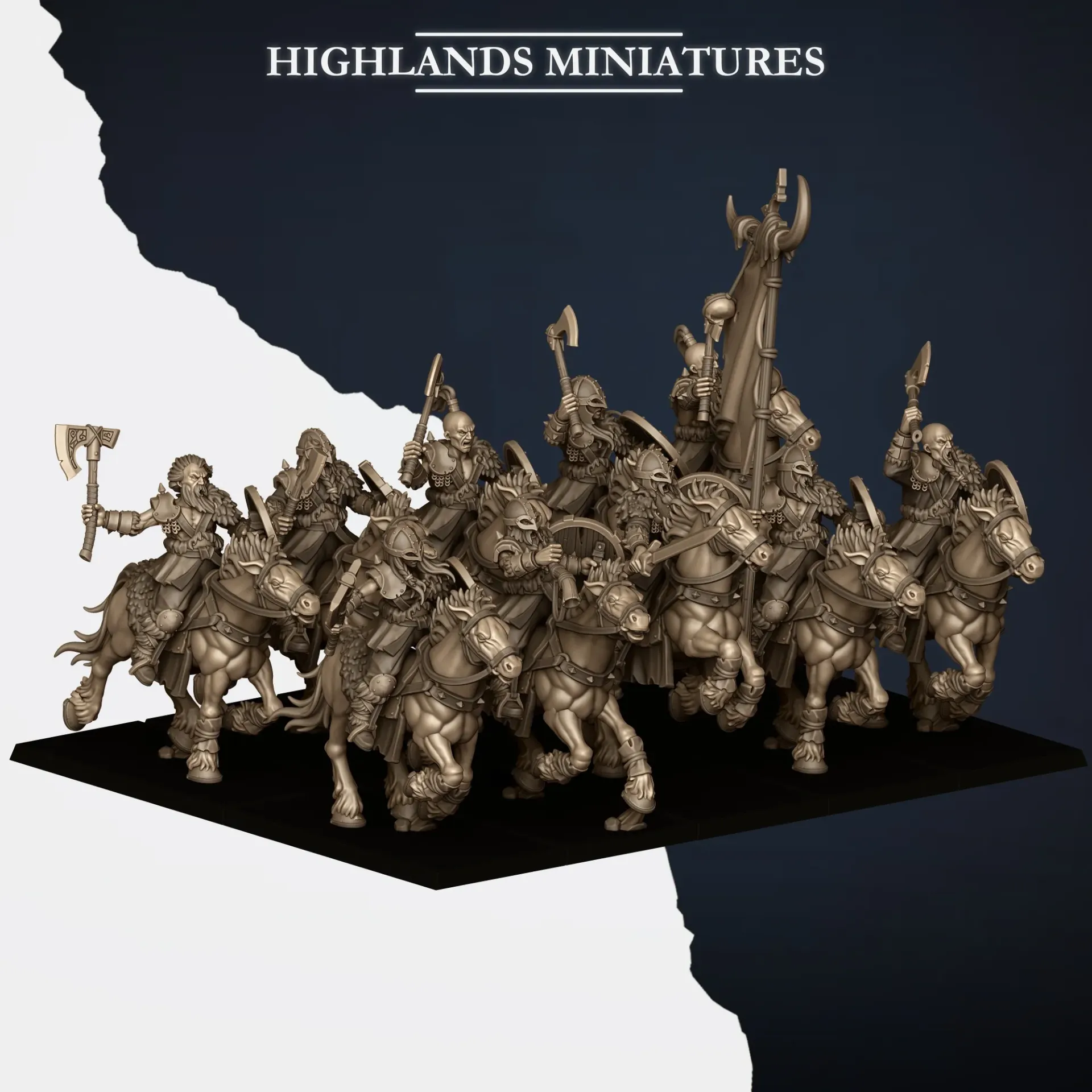 Highlands Miniatures - Nords - Raiders Montés armes de base et boucliers (Socle carré, 28mm, Par 10, Avec Etat major complet (EMC))