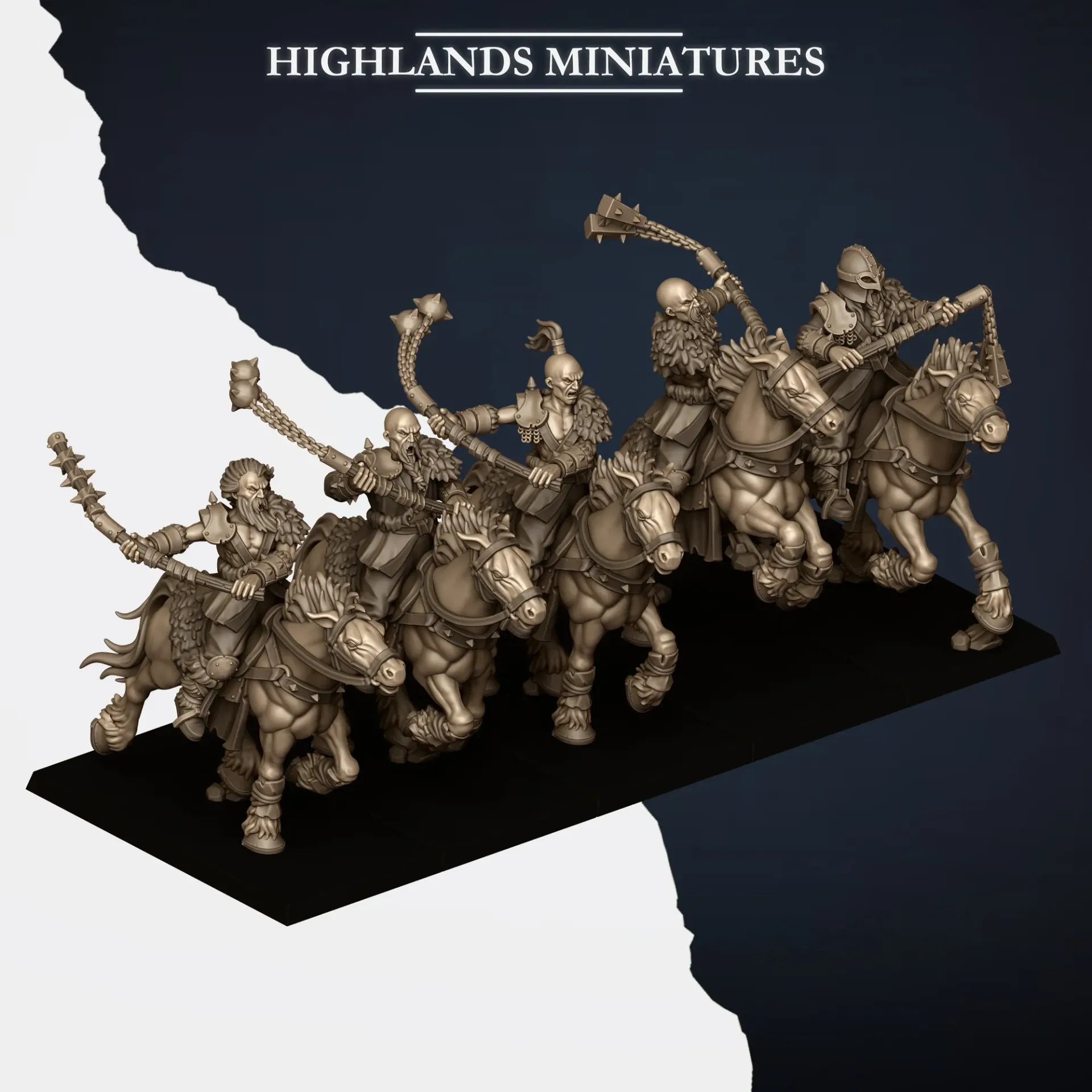 Highlands Miniatures - Nords - Raiders Montés Fléaux (Socle carré, 28mm, Par 10, Avec Etat major complet (EMC))