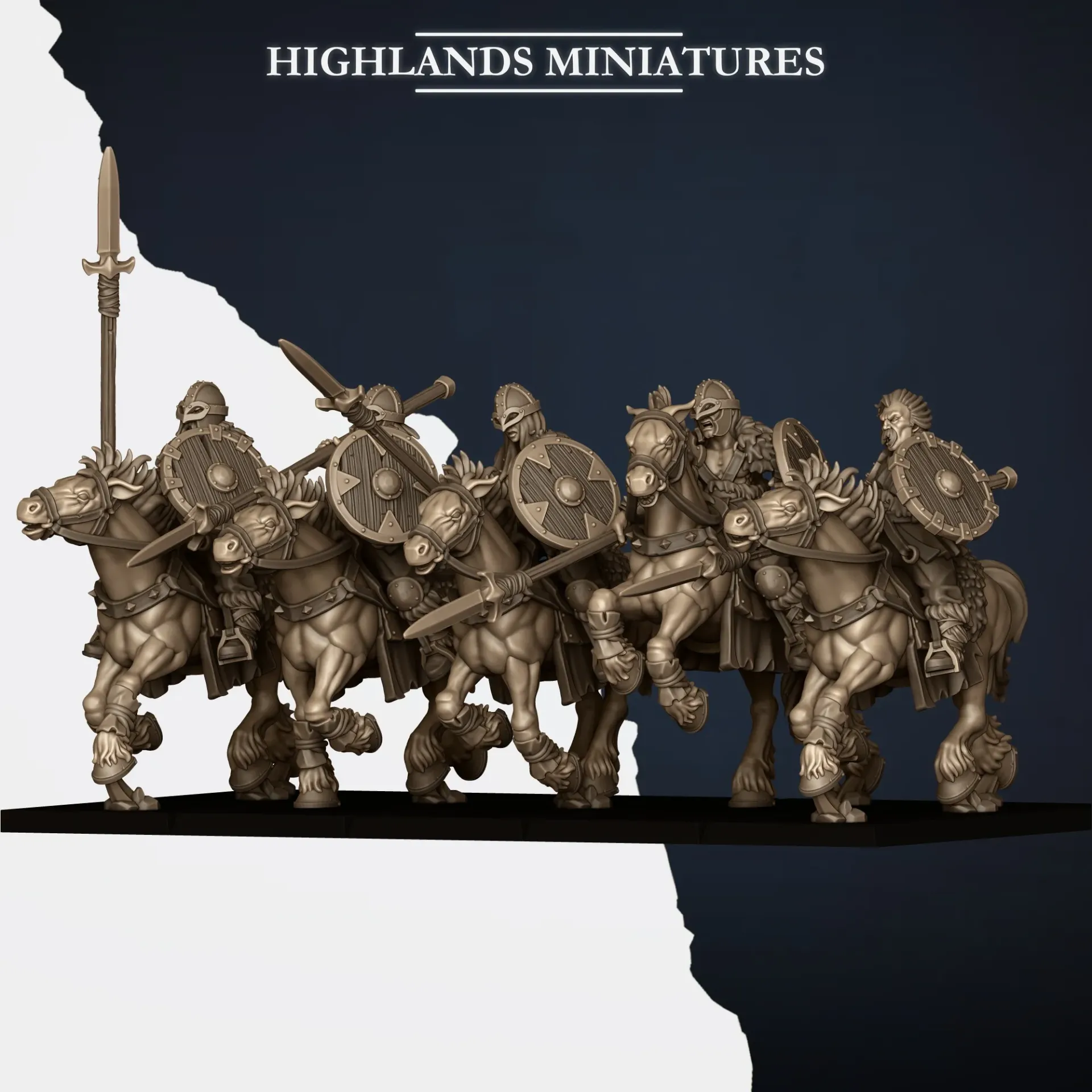 Highlands Miniatures - Nords - Raiders Montés lances (Socle carré, 28mm, Par 10, Avec Etat major complet (EMC))