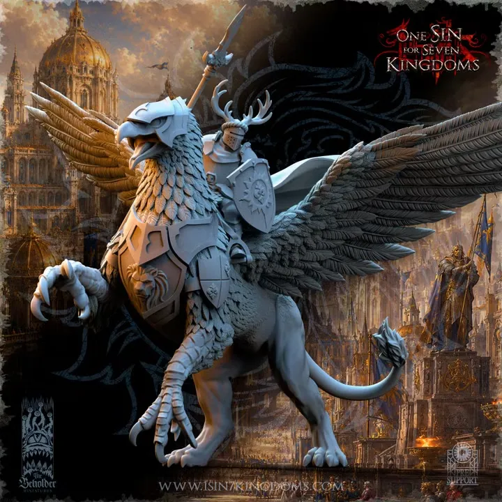 The Beholder miniatures - Personnage sur Griffon de guerre (Socle carré, 28mm)
