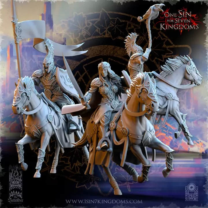 The Beholder miniatures- Hauts elfes - Cavalerie légère Etat major complet (Socle carré, 28mm)