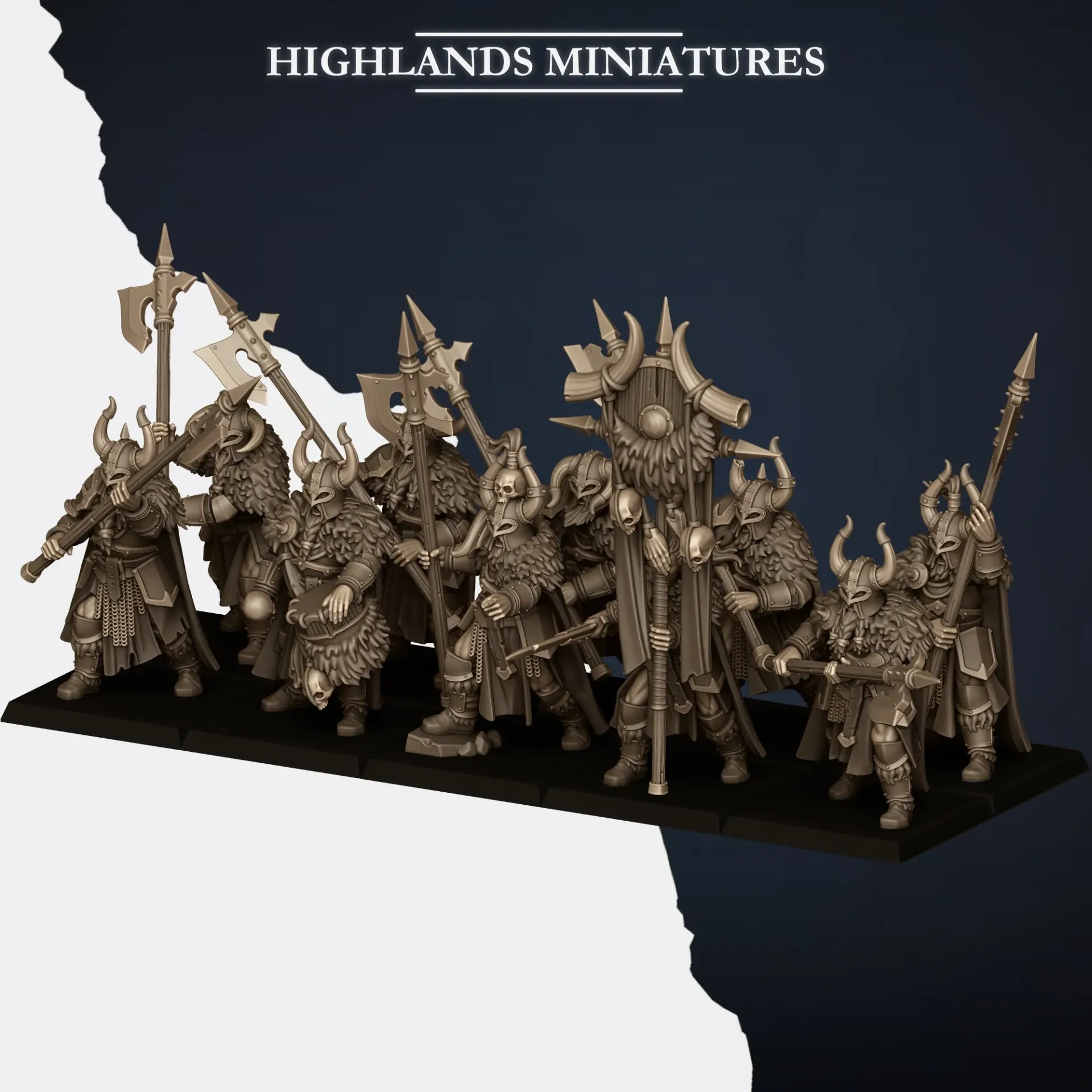 Highlands Miniatures - Nords - Huscarls à pied Armes à deux mains (Socle carré, 28mm, Avec Etat major complet (EMC), Par 10)
