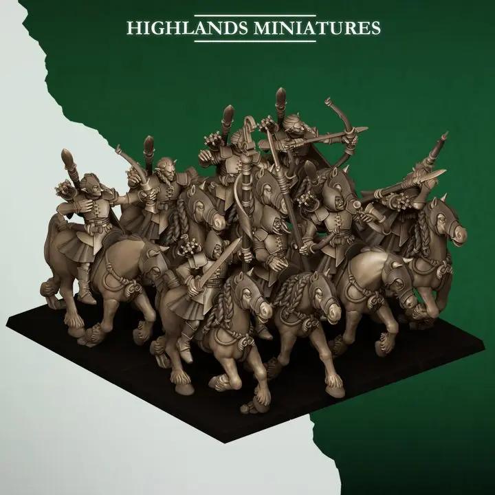 Highlands Miniatures - Elfes des bois - Archers montés (28mm, Par 10, Avec Etat major complet (EMC), Socle carré)