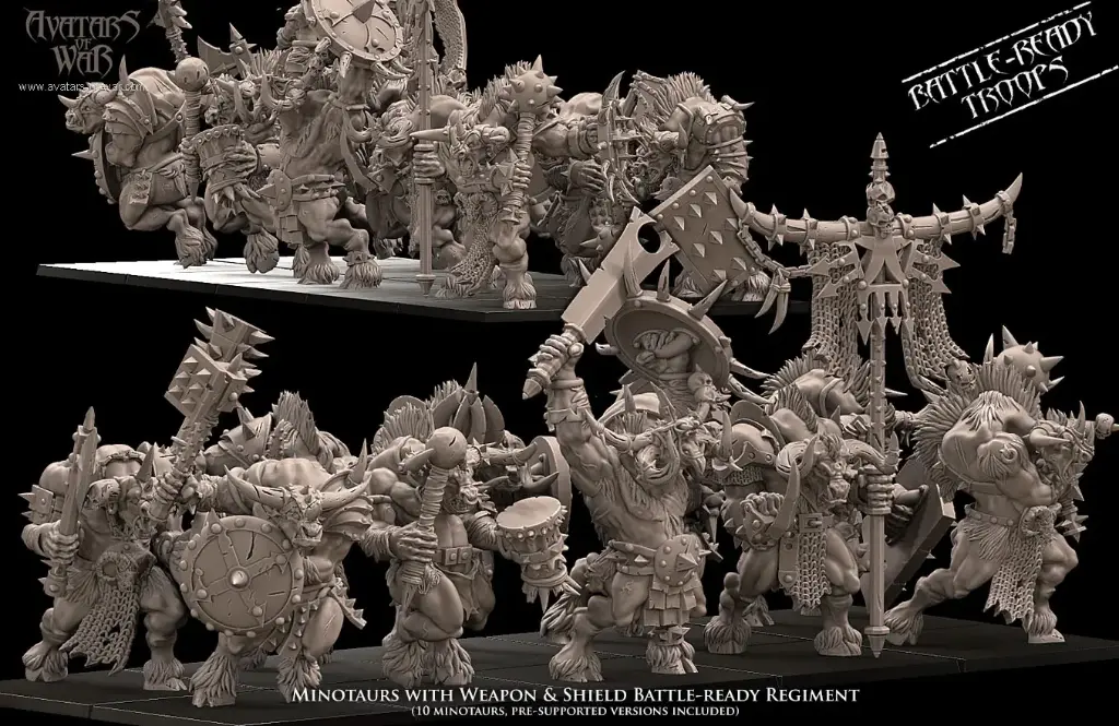 Avatars of War - Régiment de Minotaures avec arme et bouclier (battle-ready)